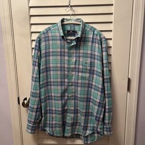 men’s green/blue/pink-plaid VINEYARD VINES performance long-sleeve button-down